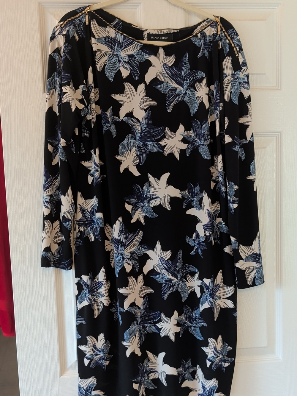 Ivanka Trump Black Floral Sheath Dress with Blue and White Flowers